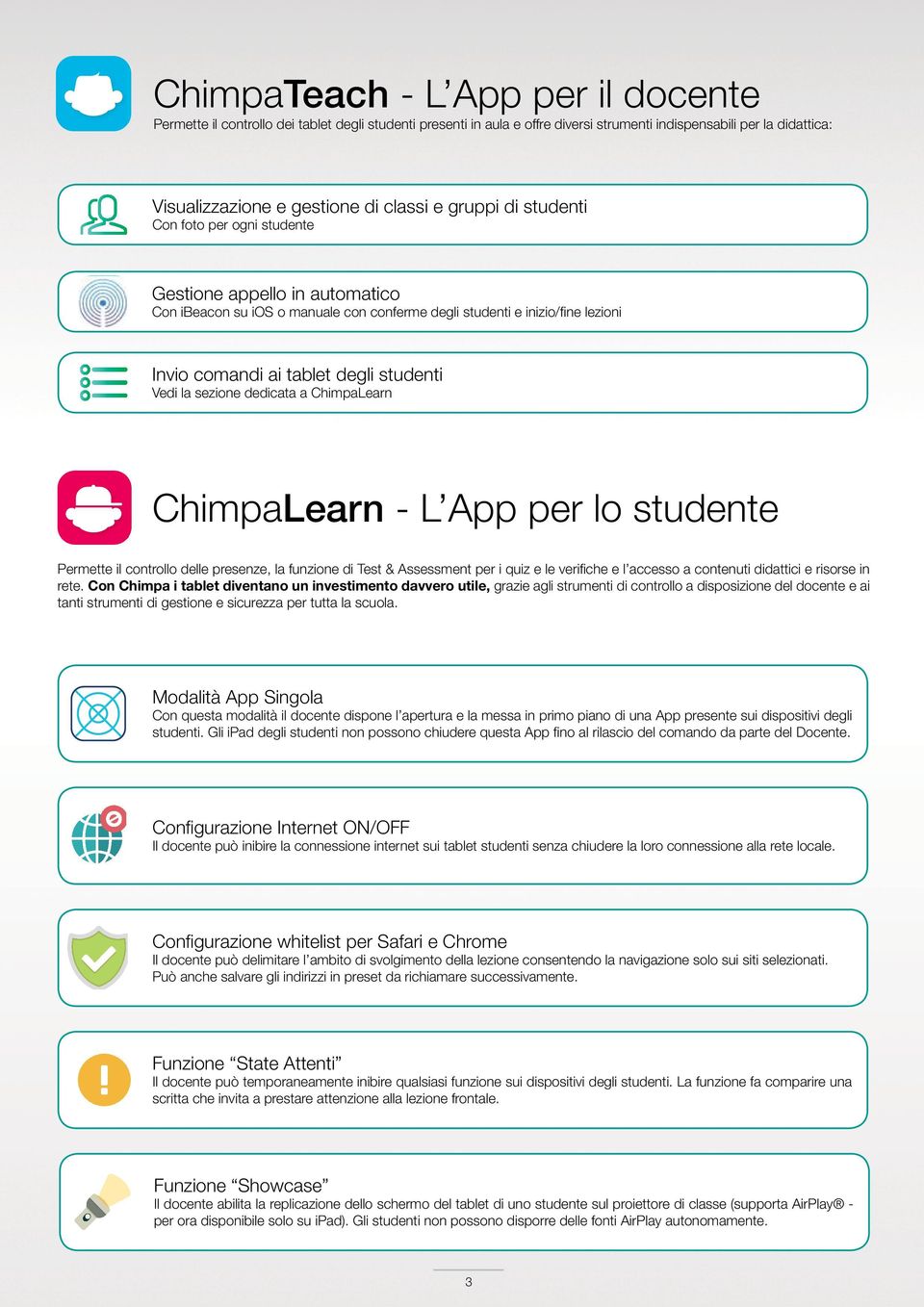 la sezione dedicata a ChimpaLearn ChimpaLearn - L App per lo studente Permette il controllo delle presenze, la funzione di Test & Assessment per i quiz e le verifiche e l accesso a contenuti