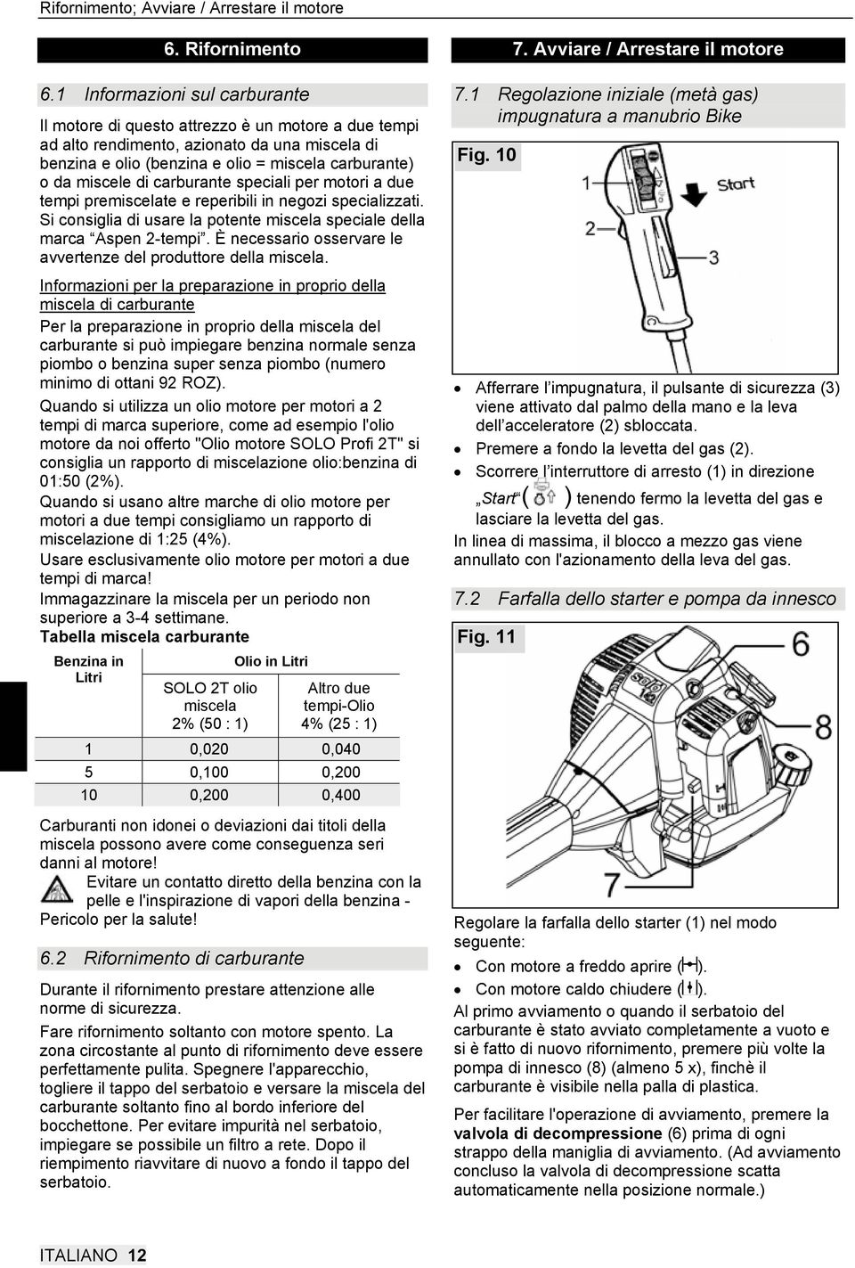 carburante speciali per motori a due tempi premiscelate e reperibili in negozi specializzati. Si consiglia di usare la potente miscela speciale della marca Aspen 2-tempi.