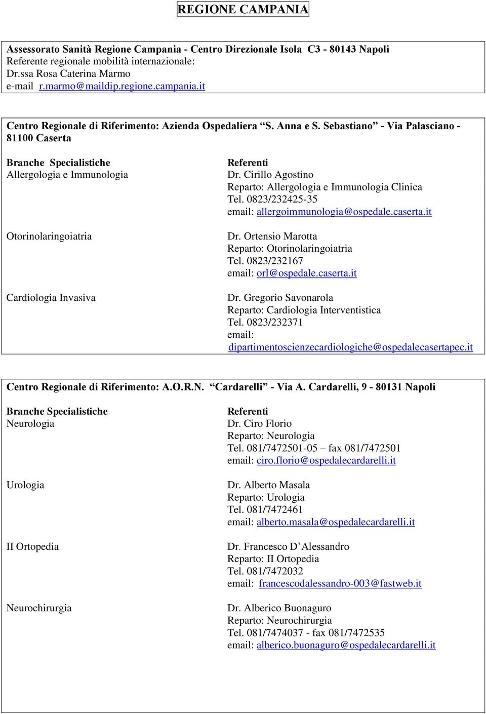 Sebastiano - Via Palasciano - 81100 Caserta Branche Specialistiche Allergologia e Immunologia Otorinolaringoiatria Cardiologia Invasiva Referenti Dr.