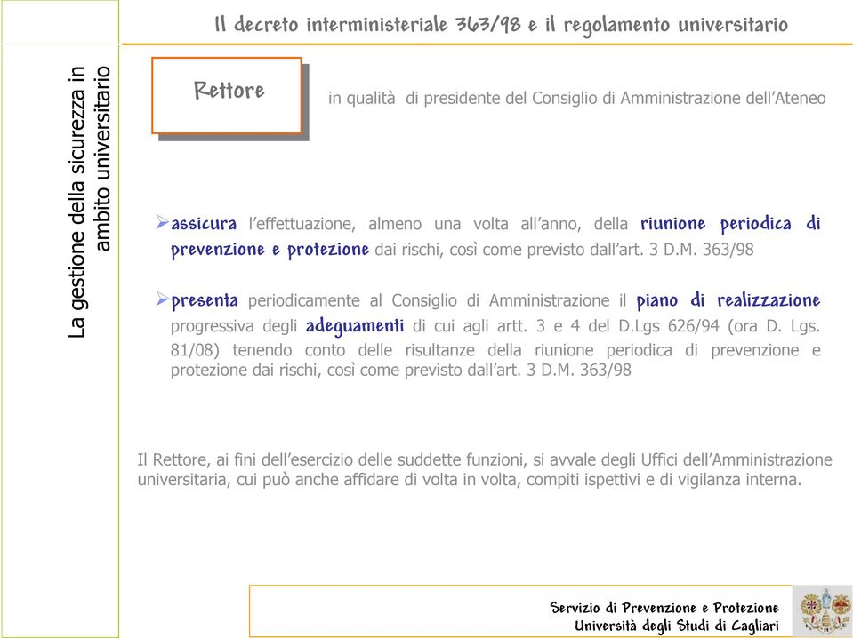 363/98 presenta periodicamente al Consiglio di Amministrazione il piano di realizzazione progressiva degli adeguamenti di cui agli artt. 3 e 4 del D.Lgs 626/94 (ora D. Lgs.