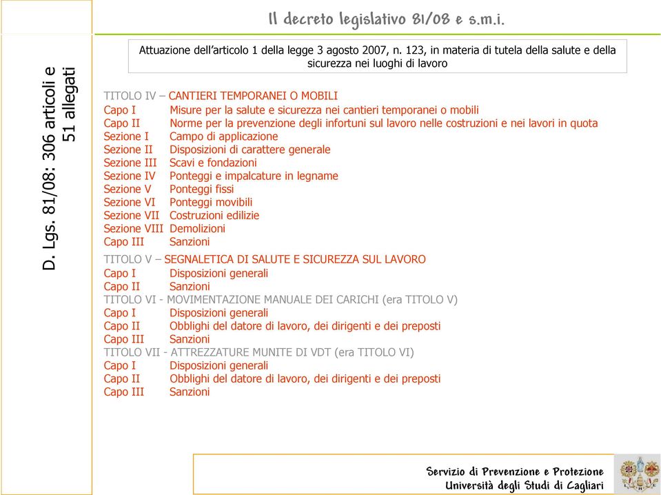 Norme per la prevenzione degli infortuni sul lavoro nelle costruzioni e nei lavori in quota Sezione I Campo di applicazione Sezione II Disposizioni di carattere generale Sezione III Scavi e