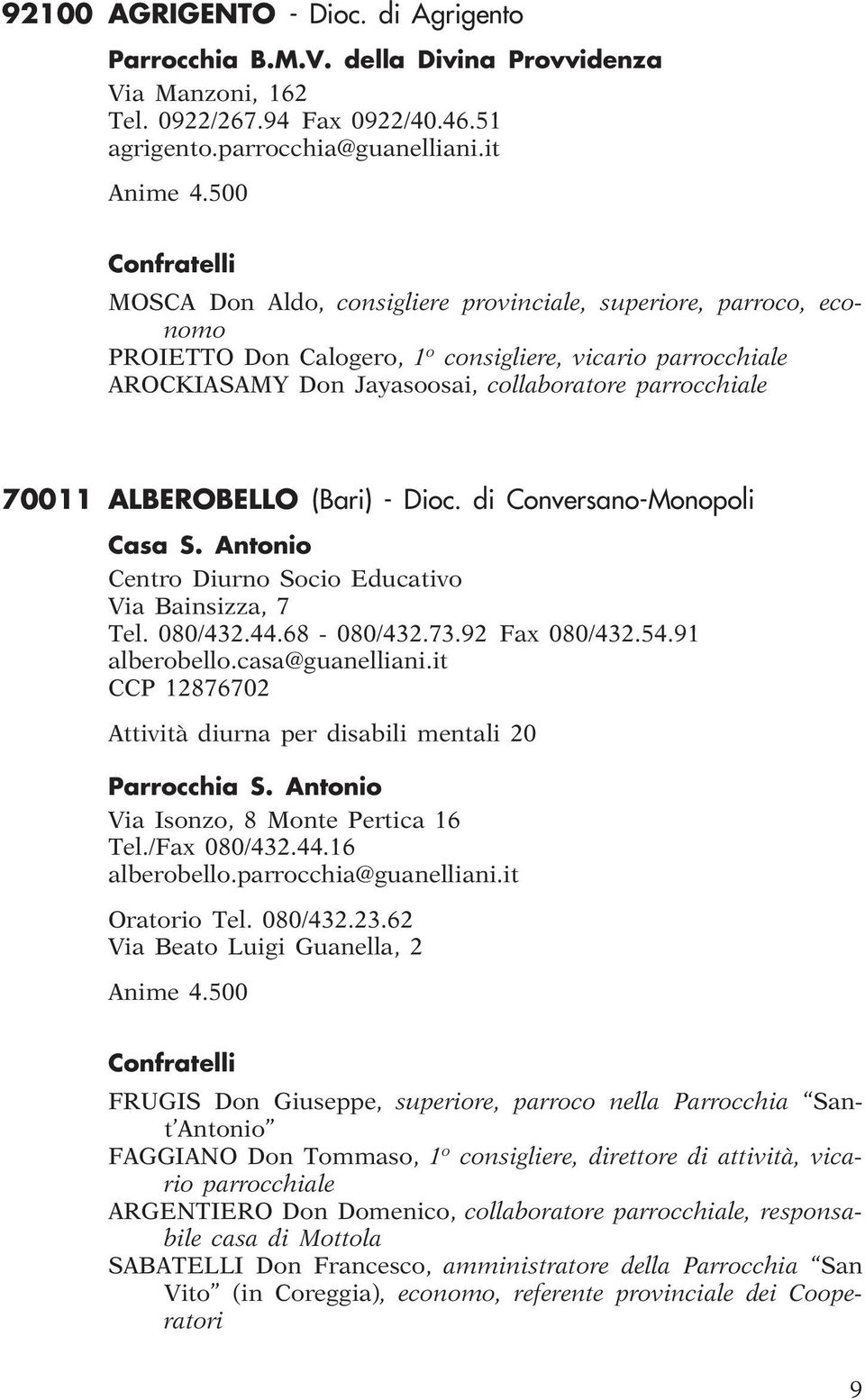 ALBEROBELLO (Bari) - Dioc. di Conversano-Monopoli Casa S. Antonio Centro Diurno Socio Educativo Via Bainsizza, 7 Tel. 080/432.44.68-080/432.73.92 Fax 080/432.54.91 alberobello.casa@guanelliani.