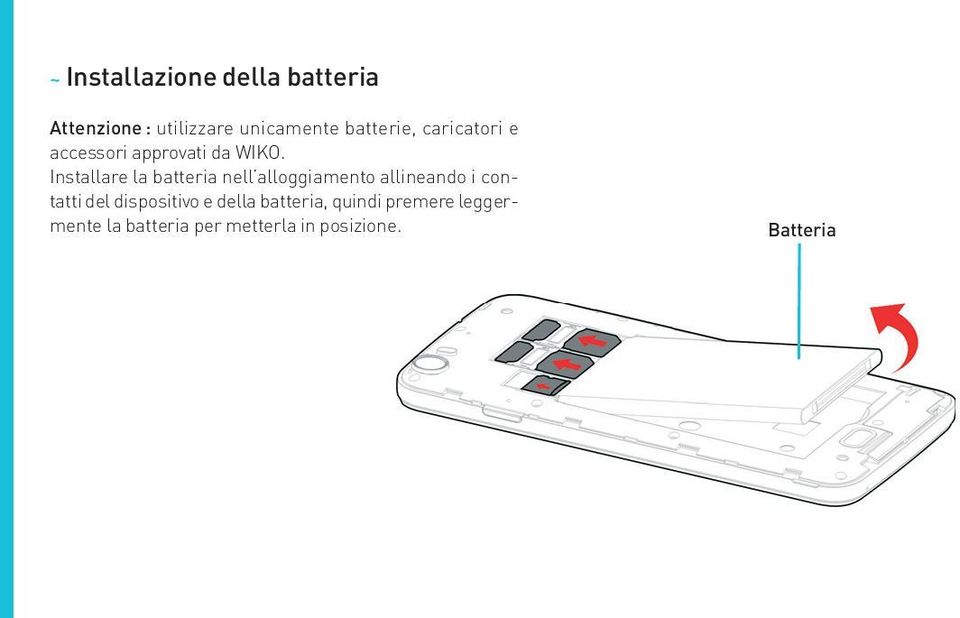 Installare la batteria nell alloggiamento allineando i contatti del