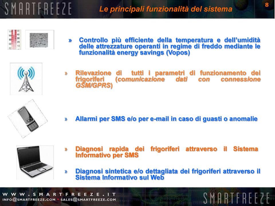 (comunicazione dati con connessione GSM/GPRS)» Allarmi per SMS e/o per e-mail in caso di guasti o anomalie» Diagnosi rapida dei