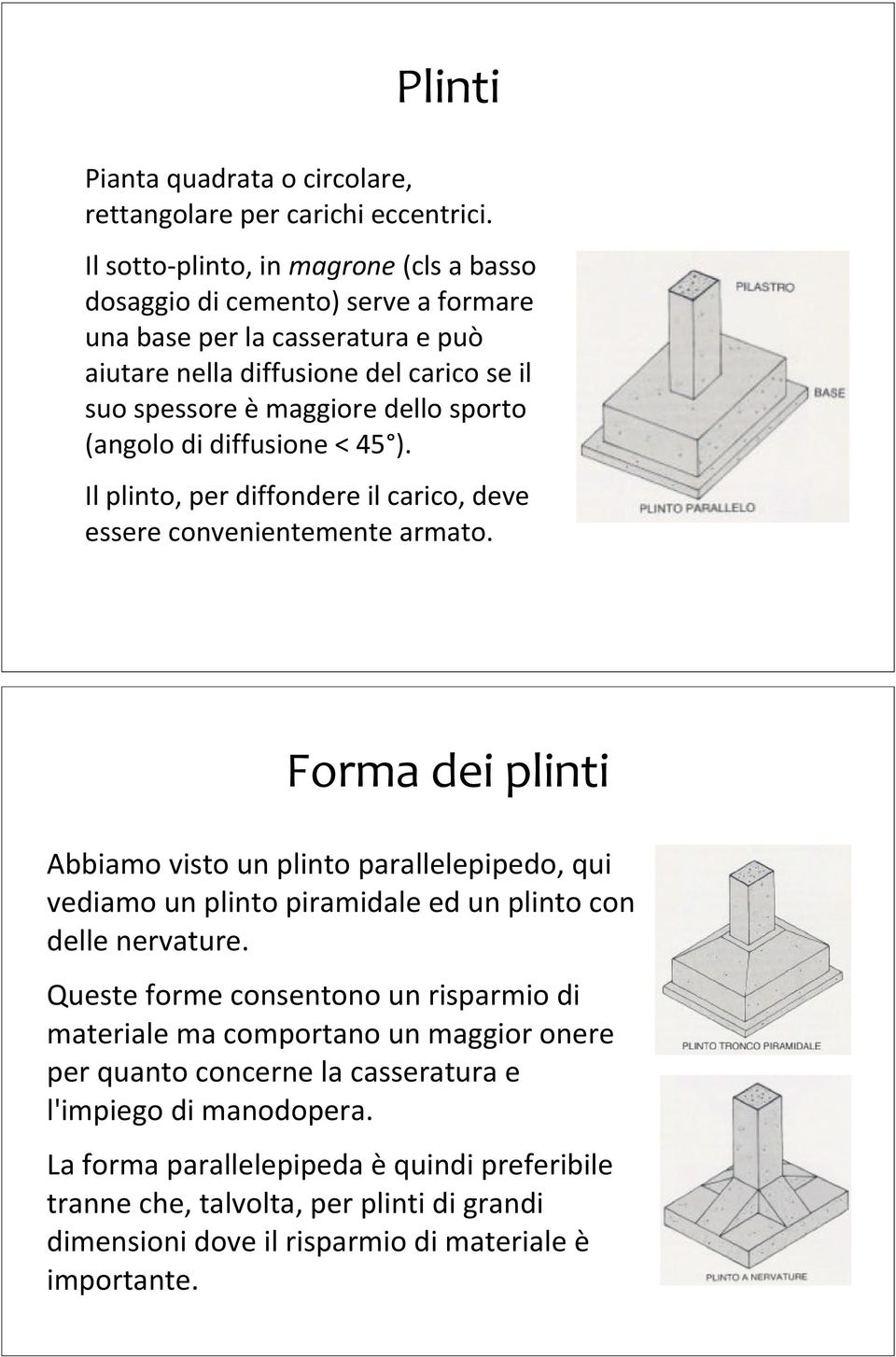 (angolo di diffusione < 45 ). Il plinto, per diffondere il carico, deve essere convenientemente armato.