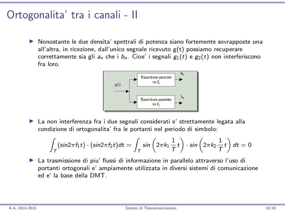 La non interferenza fra i due segnali considerati e strettamente legata alla condizione di ortogonalita fra le portanti nel periodo di simbolo: ( ) ( ) 1 (sin2πf 1 t) (sin2πf 2 t)dt =