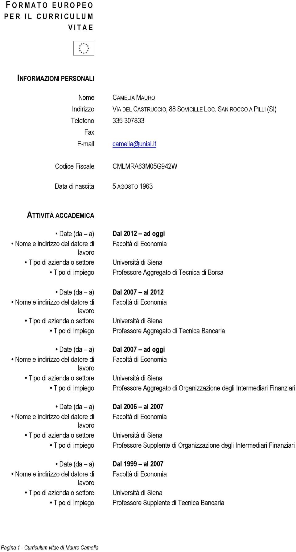 Università di Siena Professore Aggregato di Tecnica di Borsa Date (da a) Dal 2007 al 2012 Professore Aggregato di Tecnica Bancaria Date (da a) Nome e indirizzo del datore di Tipo di azienda o settore