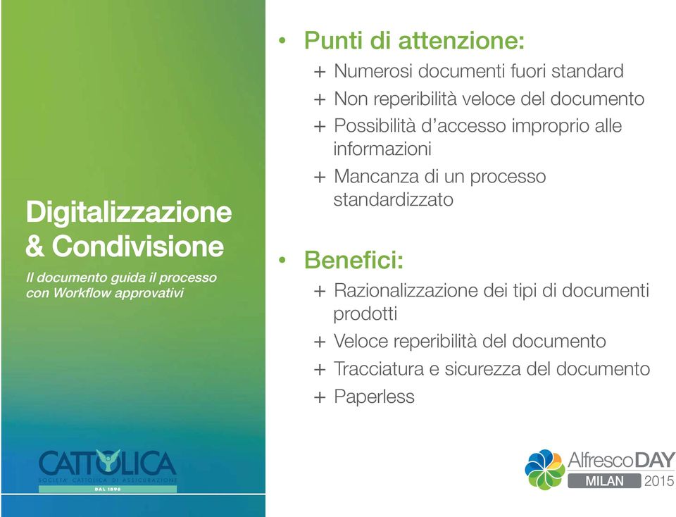 accesso improprio alle informazioni + Mancanza di un processo standardizzato Benefici: + Razionalizzazione