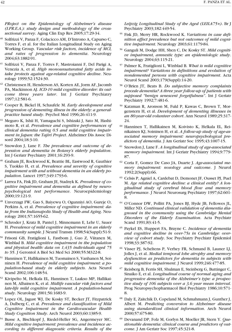 Vascular risk factors, incidence of MCI, and rates of progression to dementia. Neurology 2004;63:1882-91. 41 Solfrizzi V, Panza F, Torres F, Mastroianni F, Del Parigi A, Venezia A, et al.