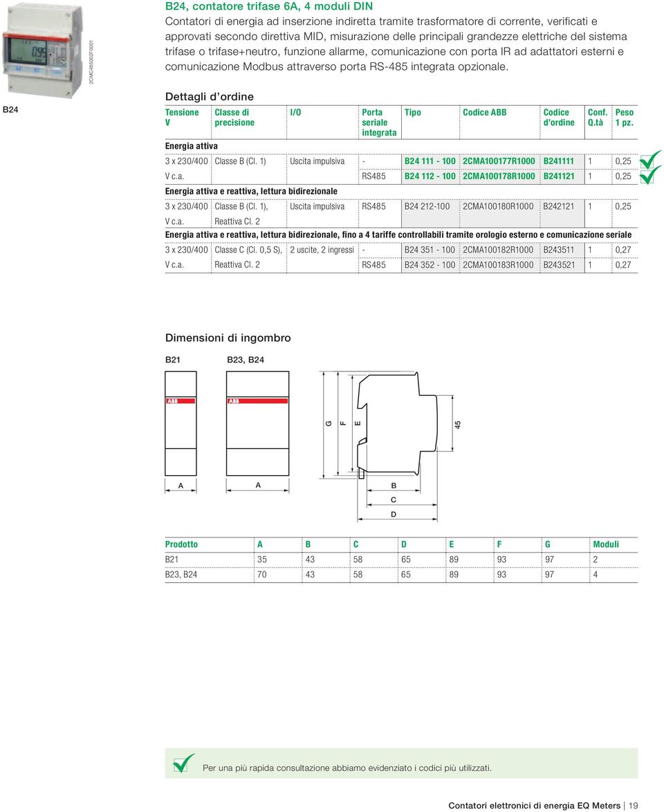 opzionale. B24 Dettagli d ordine Tensione V Classe di precisione I/O Porta seriale integrata Tipo Codice ABB Codice d ordine Energia attiva 3 x 230/400 Classe B (Cl.