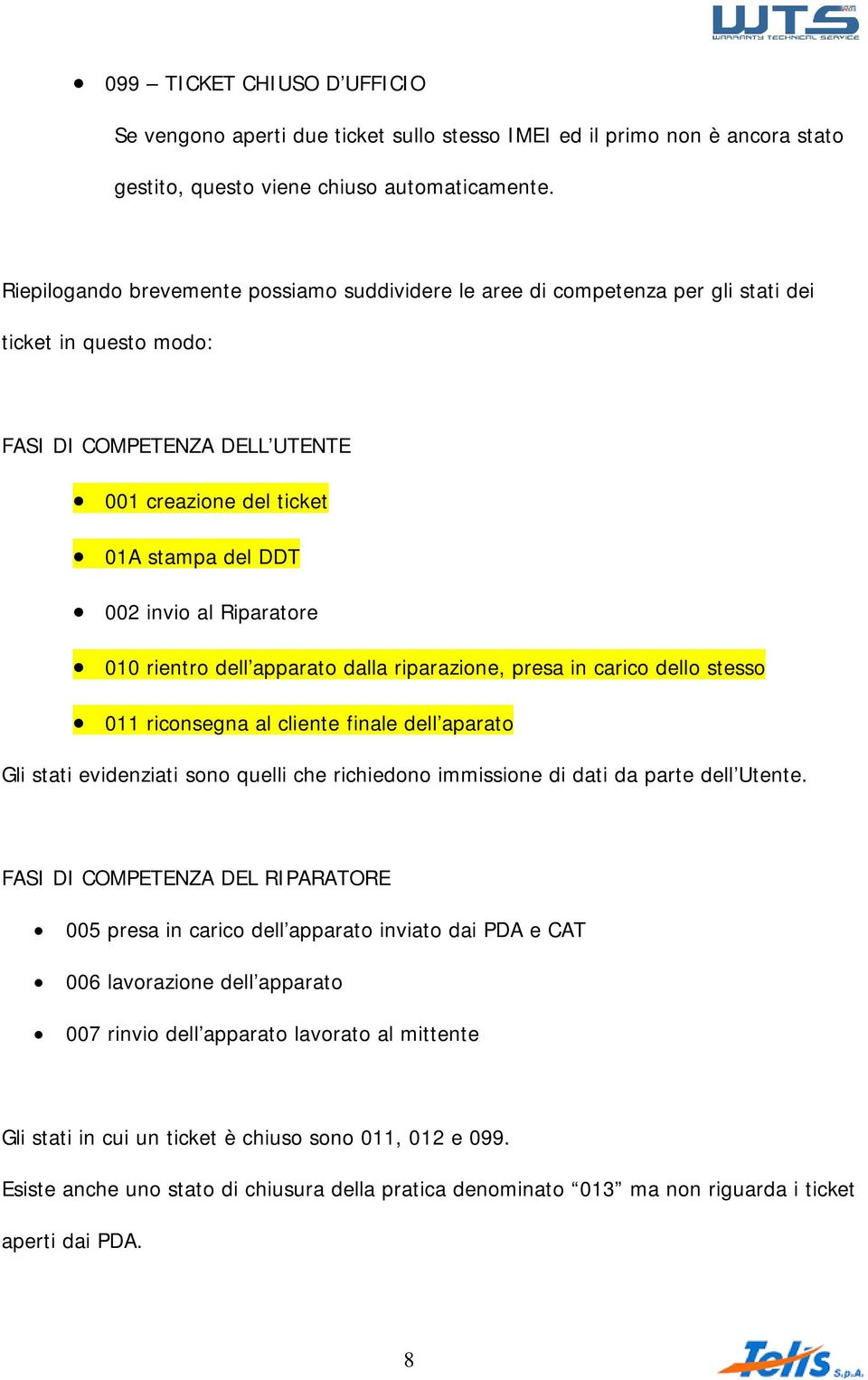 Riparatore 010 rientro dell apparato dalla riparazione, presa in carico dello stesso 011 riconsegna al cliente finale dell aparato Gli stati evidenziati sono quelli che richiedono immissione di dati