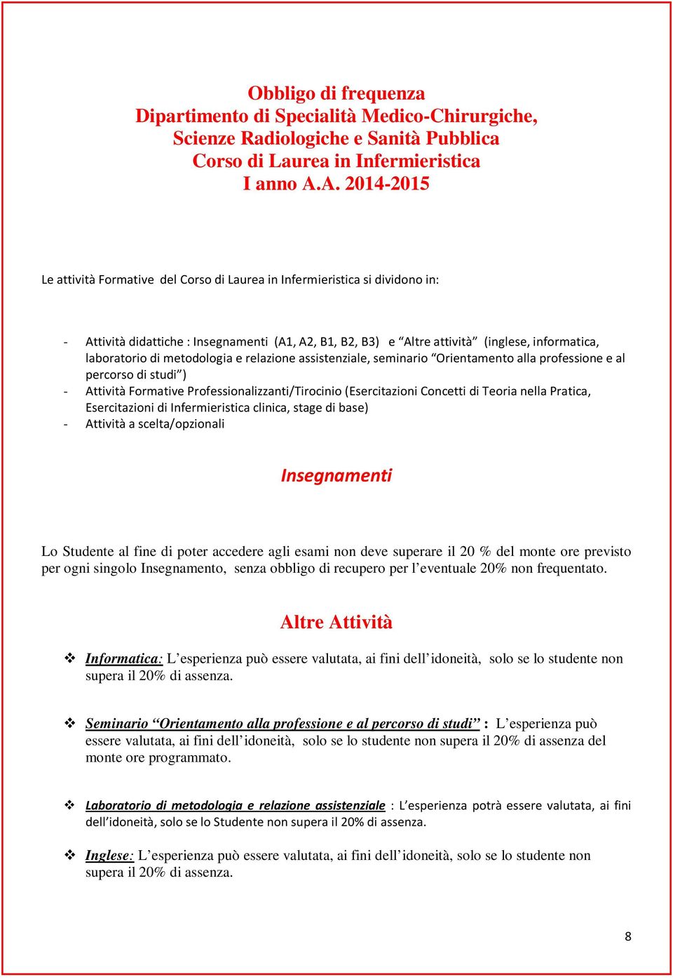 di metodologia e relazione assistenziale, seminario Orientamento alla professione e al percorso di studi ) - Attività Formative Professionalizzanti/Tirocinio (Esercitazioni Concetti di Teoria nella