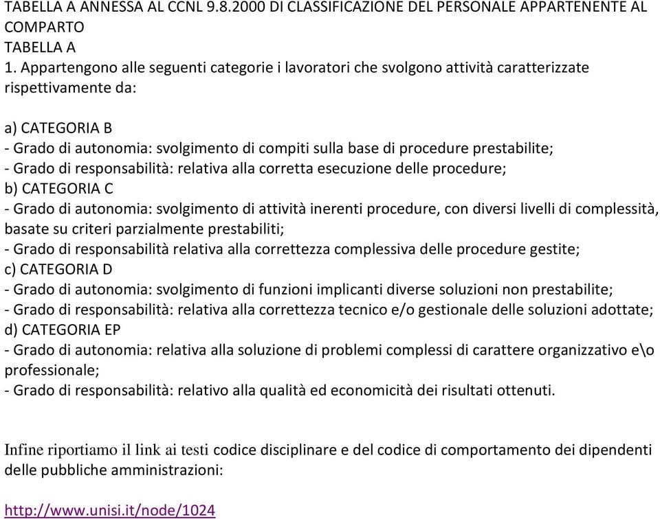 prestabilite; - Grado di responsabilità: relativa alla corretta esecuzione delle procedure; b) CATEGORIA C - Grado di autonomia: svolgimento di attività inerenti procedure, con diversi livelli di