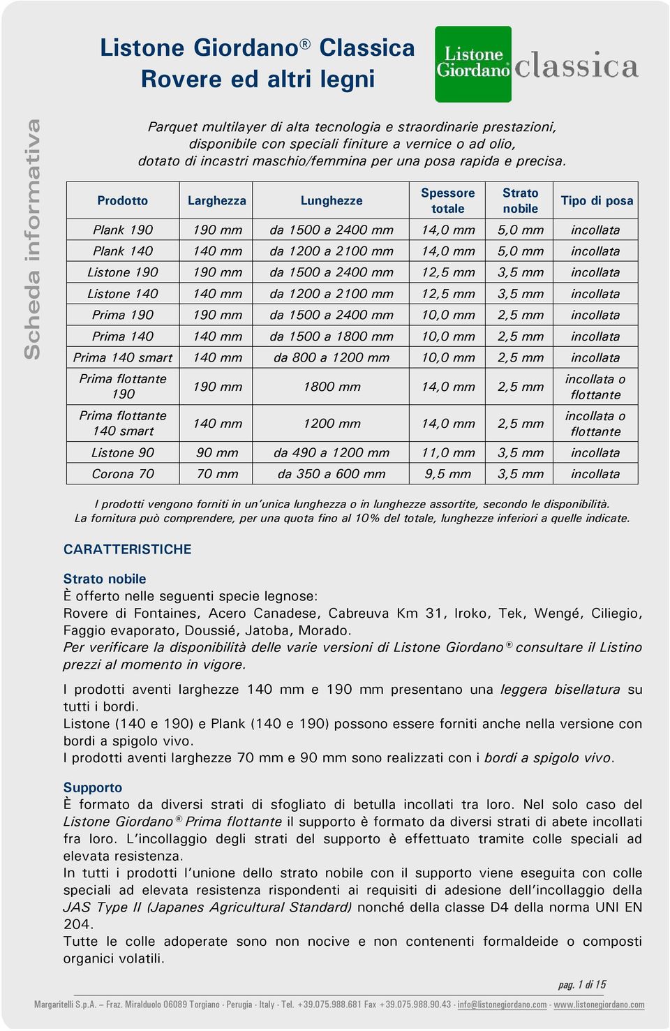 Prodotto Larghezza Lunghezze Spessore totale Strato nobile Tipo di posa Plank 190 190 mm da 1500 a 2400 mm 14,0 mm 5,0 mm incollata Plank 140 140 mm da 1200 a 2100 mm 14,0 mm 5,0 mm incollata Listone