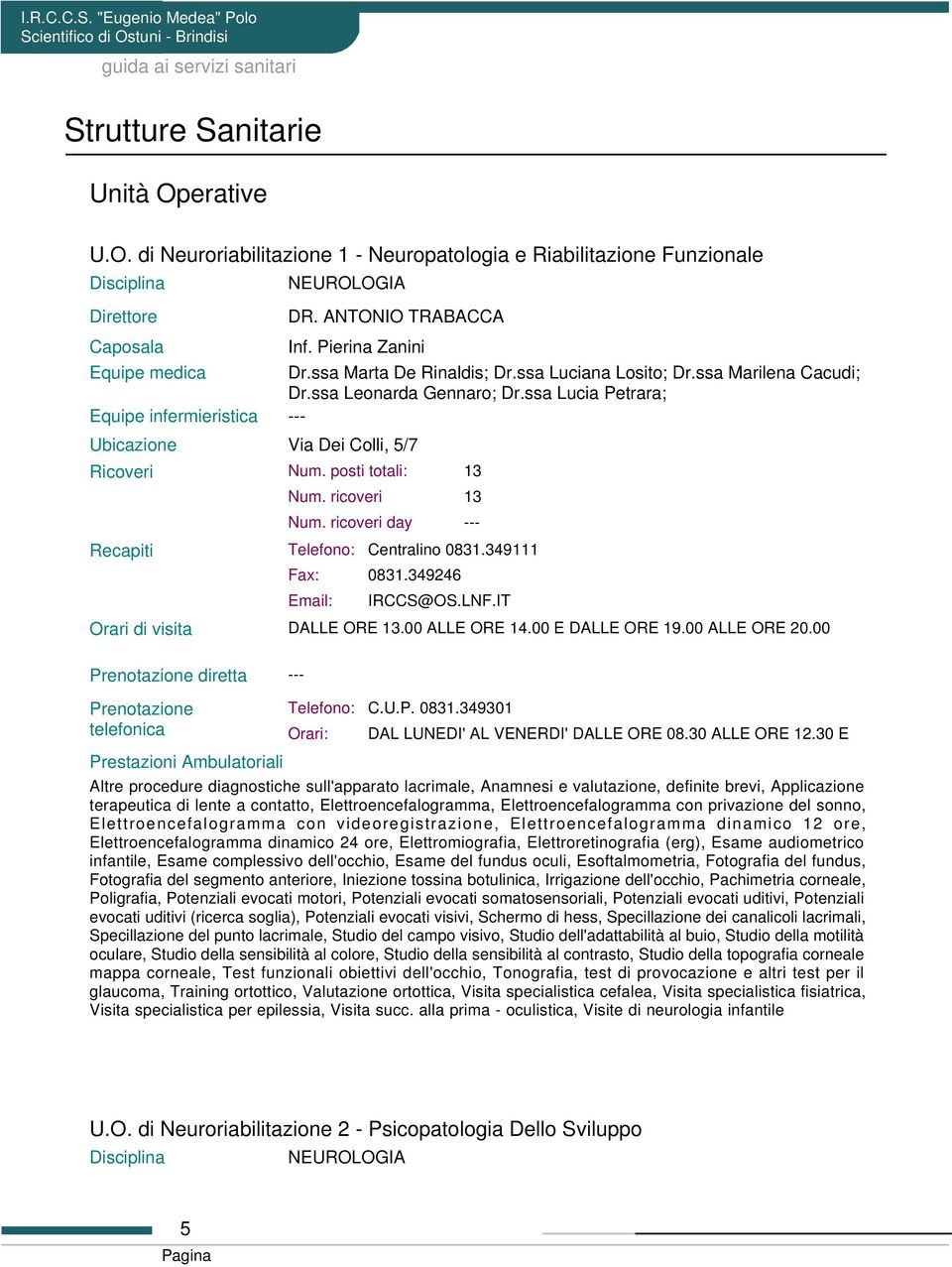 ANTONIO TRABACCA Inf. Pierina Zanini Dr.ssa Marta De Rinaldis; Dr.ssa Luciana Losito; Dr.ssa Marilena Cacudi; Dr.ssa Leonarda Gennaro; Dr.ssa Lucia Petrara; Via Dei Colli, 5/7 Num. posti totali: Num.