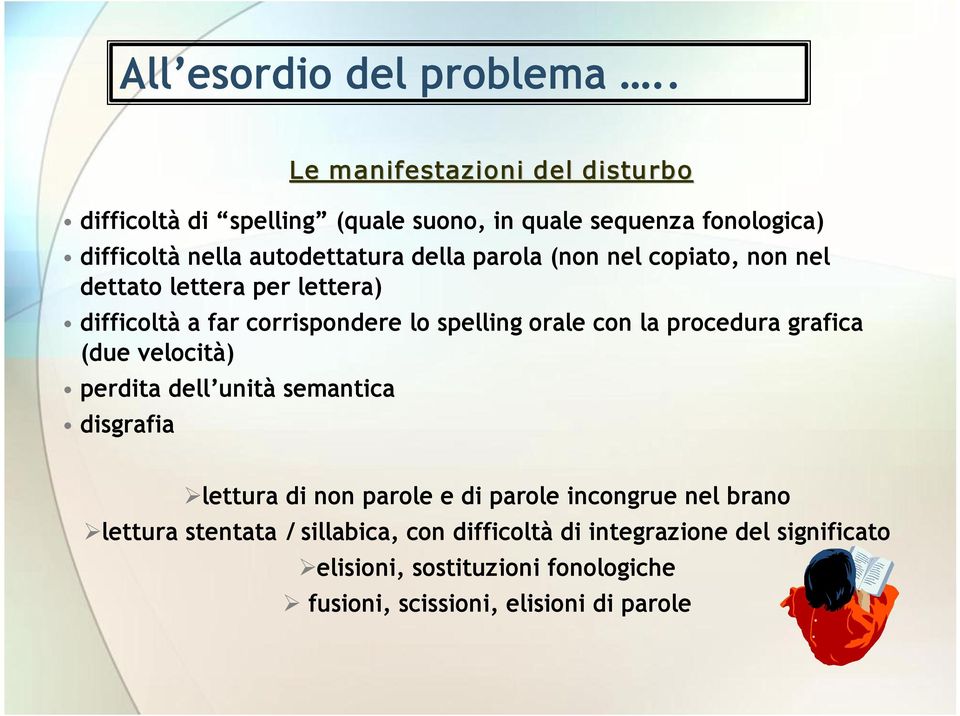 dettato lettera per lettera) difficoltà a far corrispondere lo spelling orale con la procedura grafica (due velocità) perdita dell unità