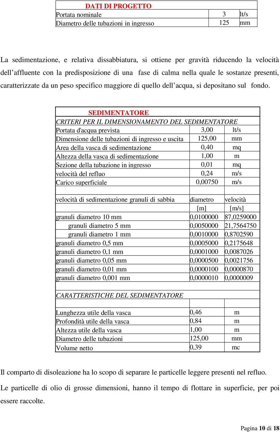 SEDIMENTATORE CRITERI PER IL DIMENSIONAMENTO DEL SEDIMENTATORE Portata d'acqua prevista 3,00 lt/s Dimensione delle tubazioni di ingresso e uscita 125,00 mm Area della vasca di sedimentazione 0,40 mq