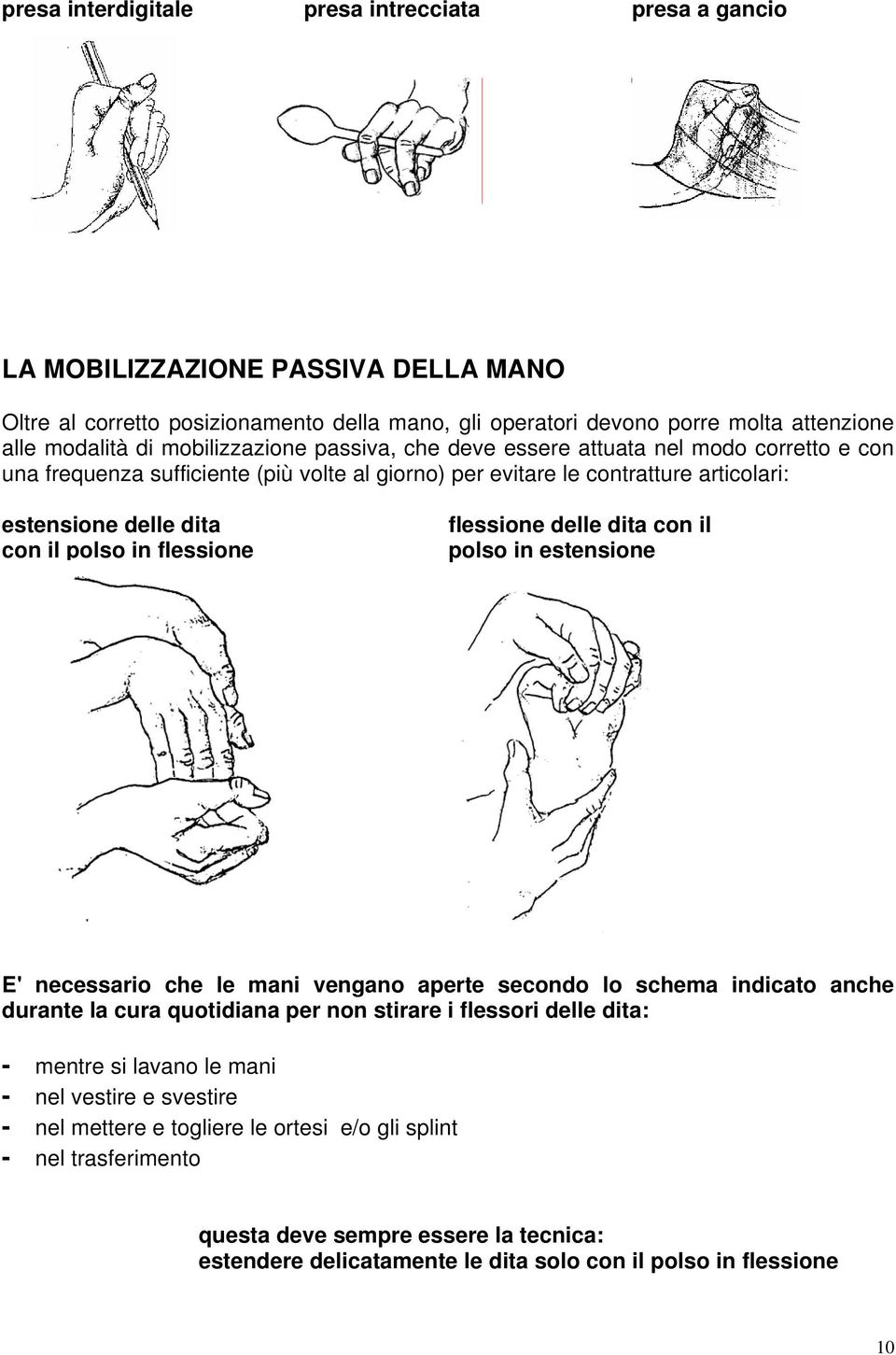 flessione flessione delle dita con il polso in estensione E' necessario che le mani vengano aperte secondo lo schema indicato anche durante la cura quotidiana per non stirare i flessori delle dita: -