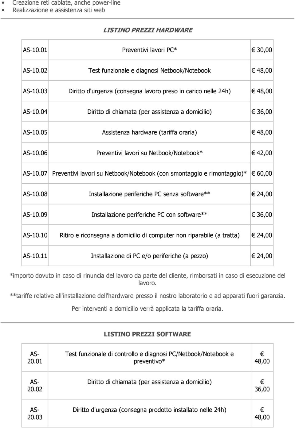06 Preventivi lavori su Netbook/Notebook* 42,00 10.07 Preventivi lavori su Netbook/Notebook (con smontaggio e rimontaggio)* 10.08 Installazione periferiche PC senza software** 10.