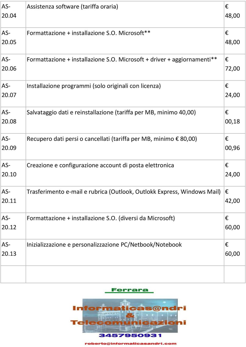 Microsoft + driver + aggiornamenti** 72,00 Installazione programmi (solo originali con licenza) Salvataggio dati e reinstallazione (tariffa per MB, minimo 40,00)