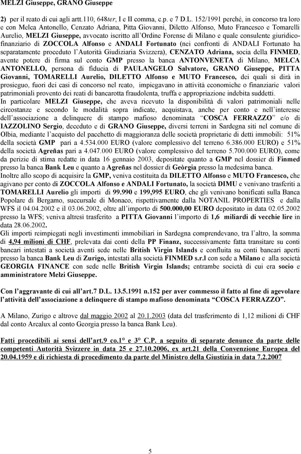 confronti di ANDALI Fortunato ha separatamente proceduto l Autorità Giudiziaria Svizzera), CENZATO Adriana, socia della FINED, avente potere di firma sul conto G presso la banca ANTONVENETA di ilano,