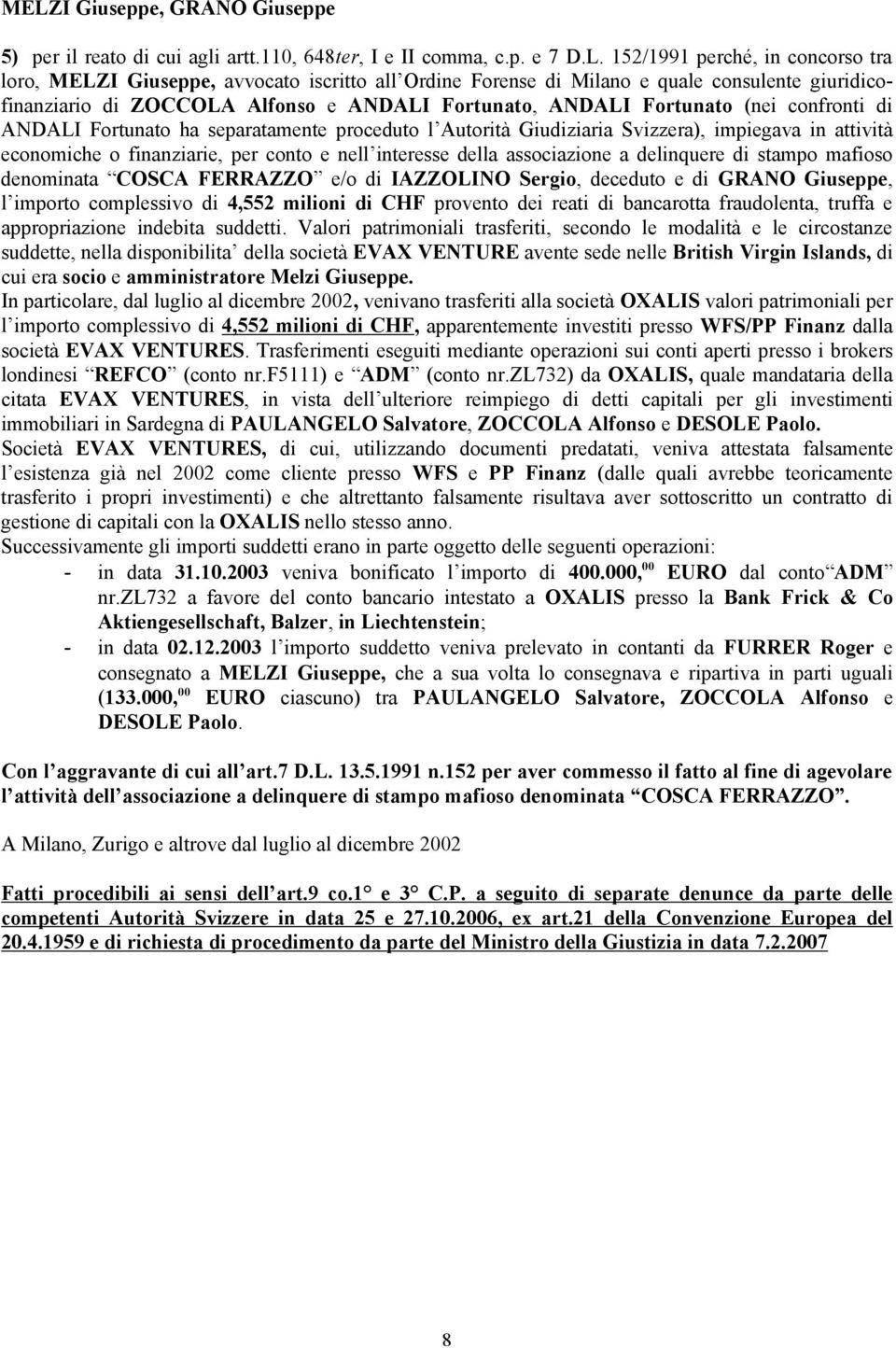 impiegava in attività economiche o finanziarie, per conto e nell interesse della associazione a delinquere di stampo mafioso denominata COSCA FERRAZZO e/odiiazzolino Sergio, deceduto e di GRANO