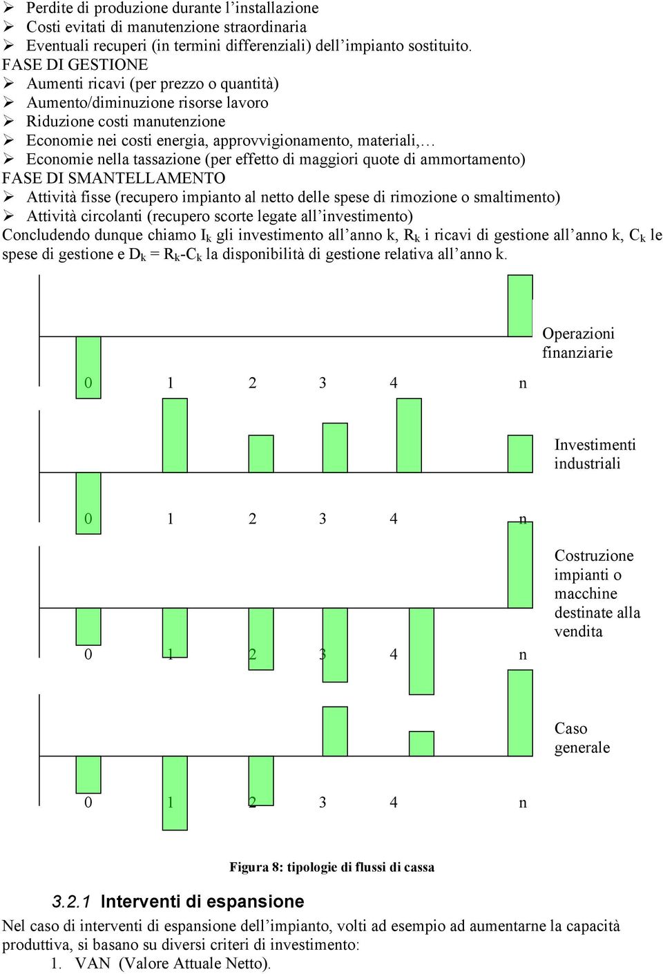 tassazione (per effetto di maggiori quote di ammortamento) FASE DI SMANTELLAMENTO Attività fisse (recupero impianto al netto delle spese di rimozione o smaltimento) Attività circolanti (recupero