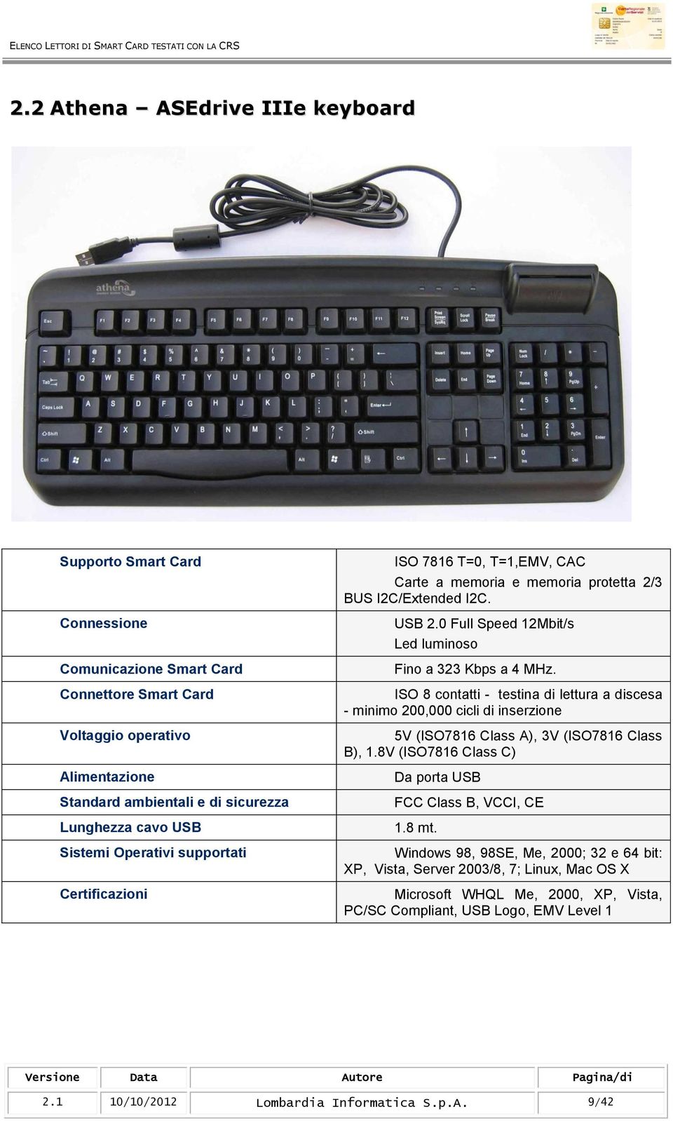 0 Full Speed 12Mbit/s Led luminoso Fino a 323 Kbps a 4 MHz. ISO 8 contatti - testina di lettura a discesa - minimo 200,000 cicli di inserzione 5V (ISO7816 Class A), 3V (ISO7816 Class B), 1.