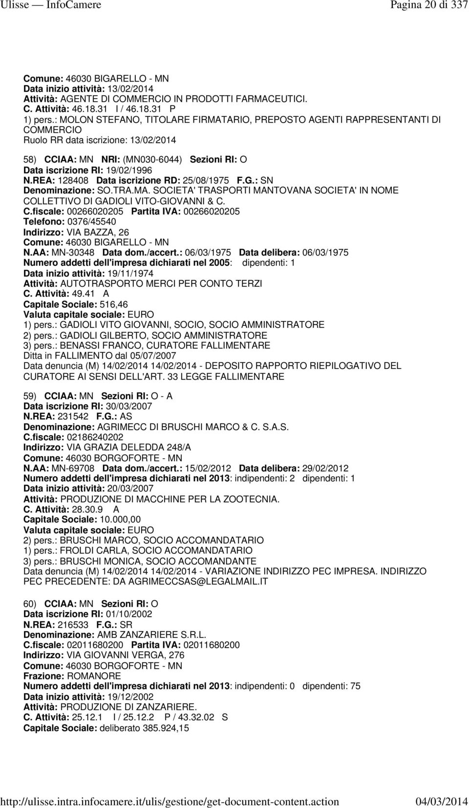 REA: 128408 Data iscrizione RD: 25/08/1975 F.G.: SN Denominazione: SO.TRA.MA. SOCIETA' TRASPORTI MANTOVANA SOCIETA' IN NOME CO