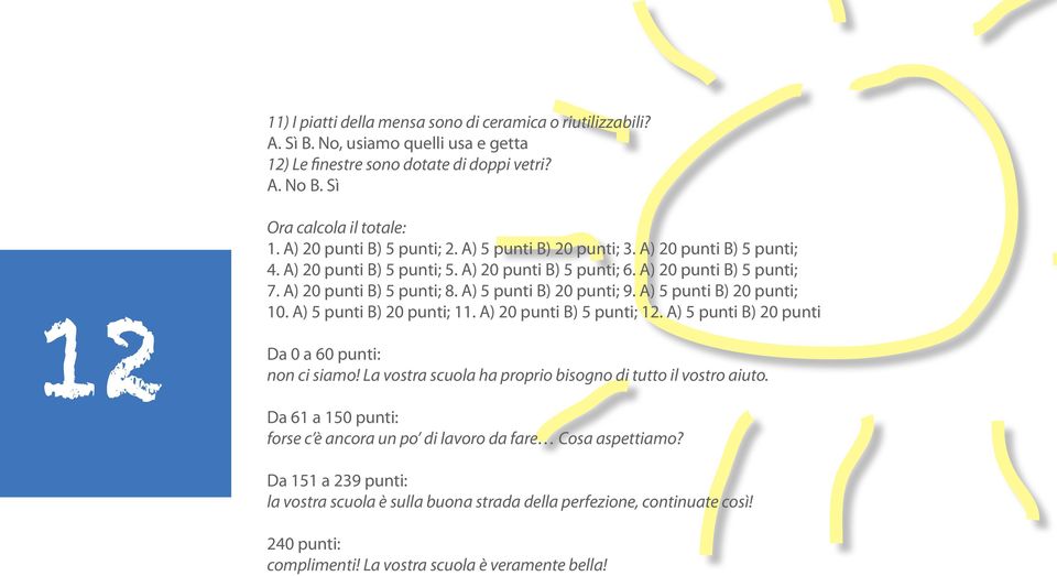 A) 5 punti B) 20 punti; 9. A) 5 punti B) 20 punti; 10. A) 5 punti B) 20 punti; 11. A) 20 punti B) 5 punti; 12. A) 5 punti B) 20 punti Da 0 a 60 punti: non ci siamo!