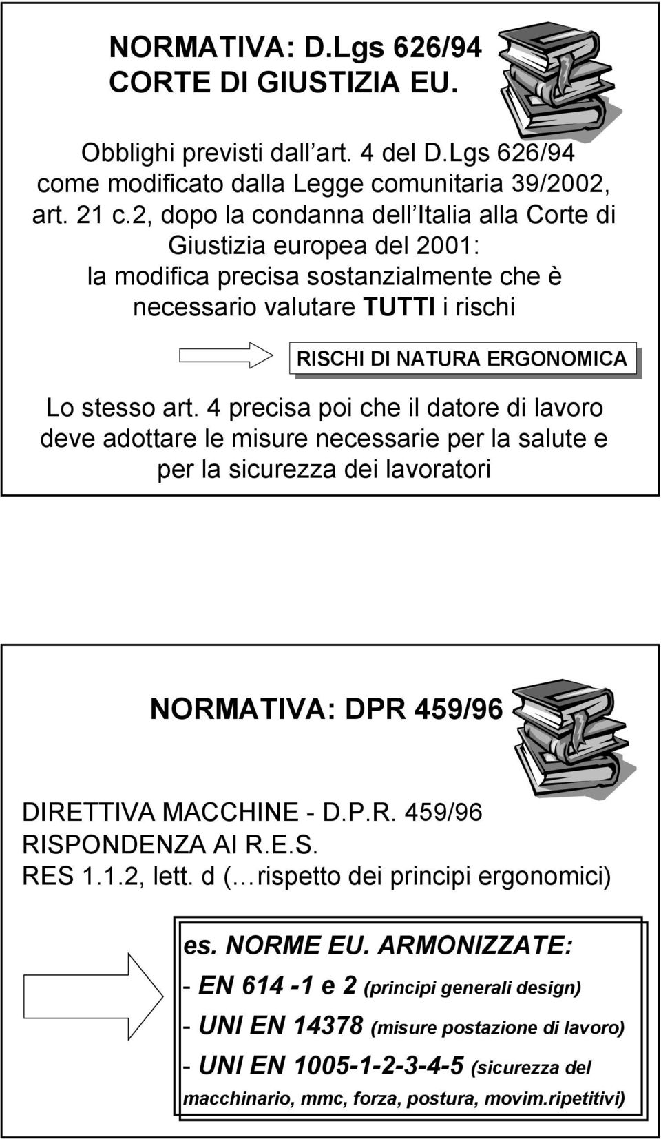 4 precisa poi che il datore di lavoro deve adottare le misure necessarie per la salute e per la sicurezza dei lavoratori NORMATIVA: DPR 459/96 DIRETTIVA MACCHINE - D.P.R. 459/96 RISPONDENZA AI R.E.S. RES 1.