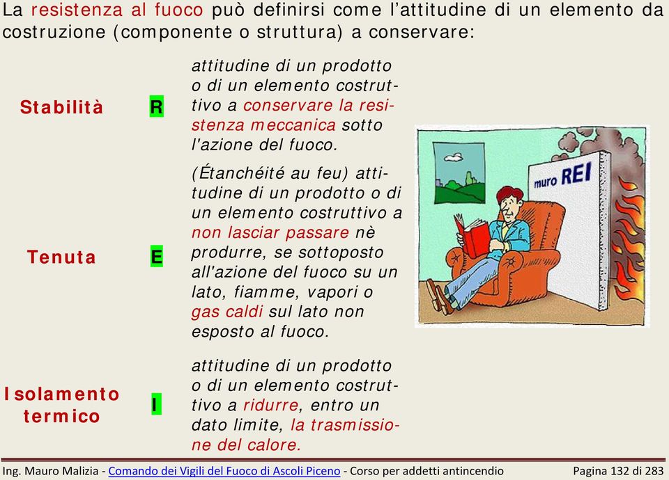 (Étanchéité au feu) attitudine di un prodotto o di un elemento costruttivo a non lasciar passare nè produrre, se sottoposto all'azione del fuoco su un lato, fiamme, vapori o gas