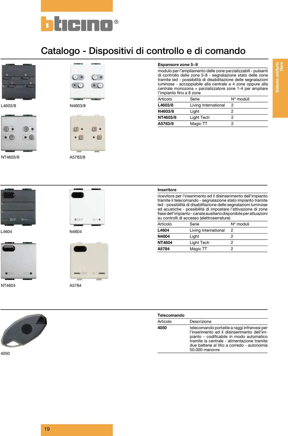 impianto fino a 8 zone Articolo Serie N moduli L4603/8 Living International 2 N4603/8 Light 2 NT4603/8 Light Tech 2 A5783/8 Magic TT 2 Sistema antifurto filare NT4603/8 A5783/8 L4604 N4604 Inseritore