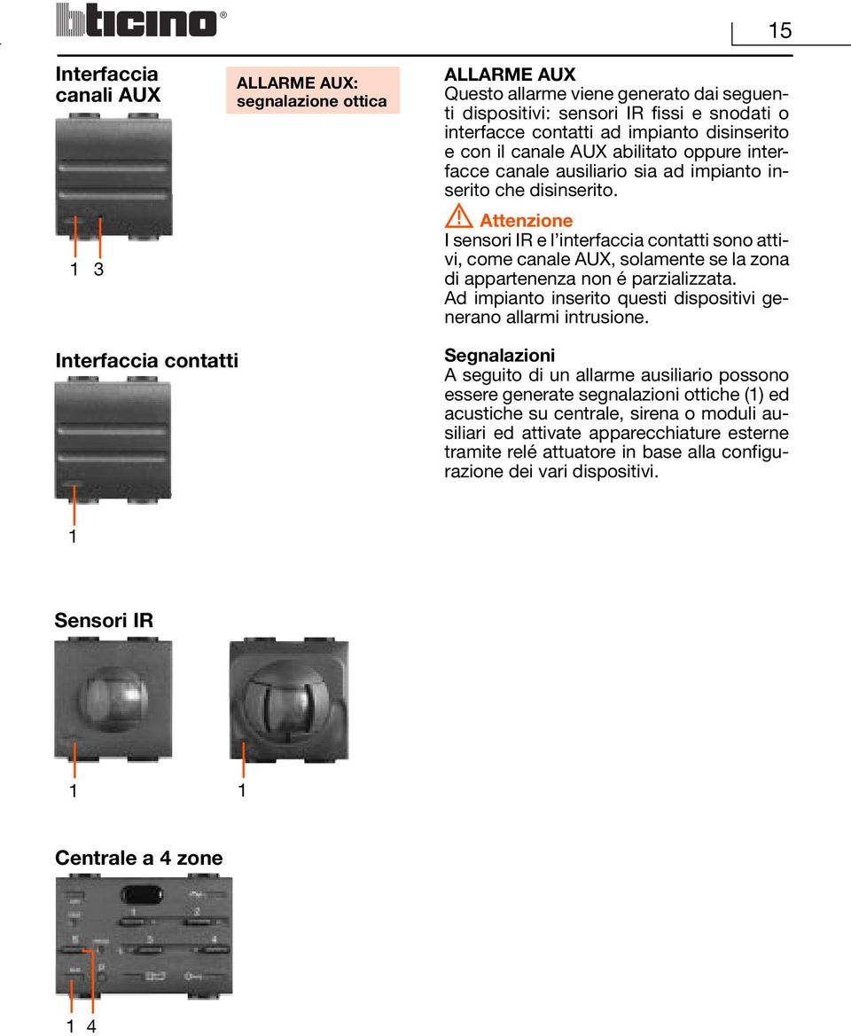 Attenzione I sensori IR e l interfaccia contatti sono attivi, come canale AUX, solamente se la zona di appartenenza non é parzializzata.