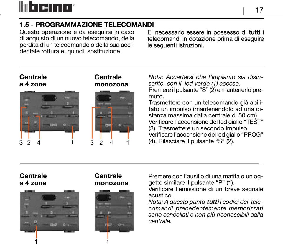 a 4 zone monozona 4 4 Nota: Accertarsi che l impianto sia disinserito, con il led verde () acceso. Premere il pulsante S () e mantenerlo premuto.