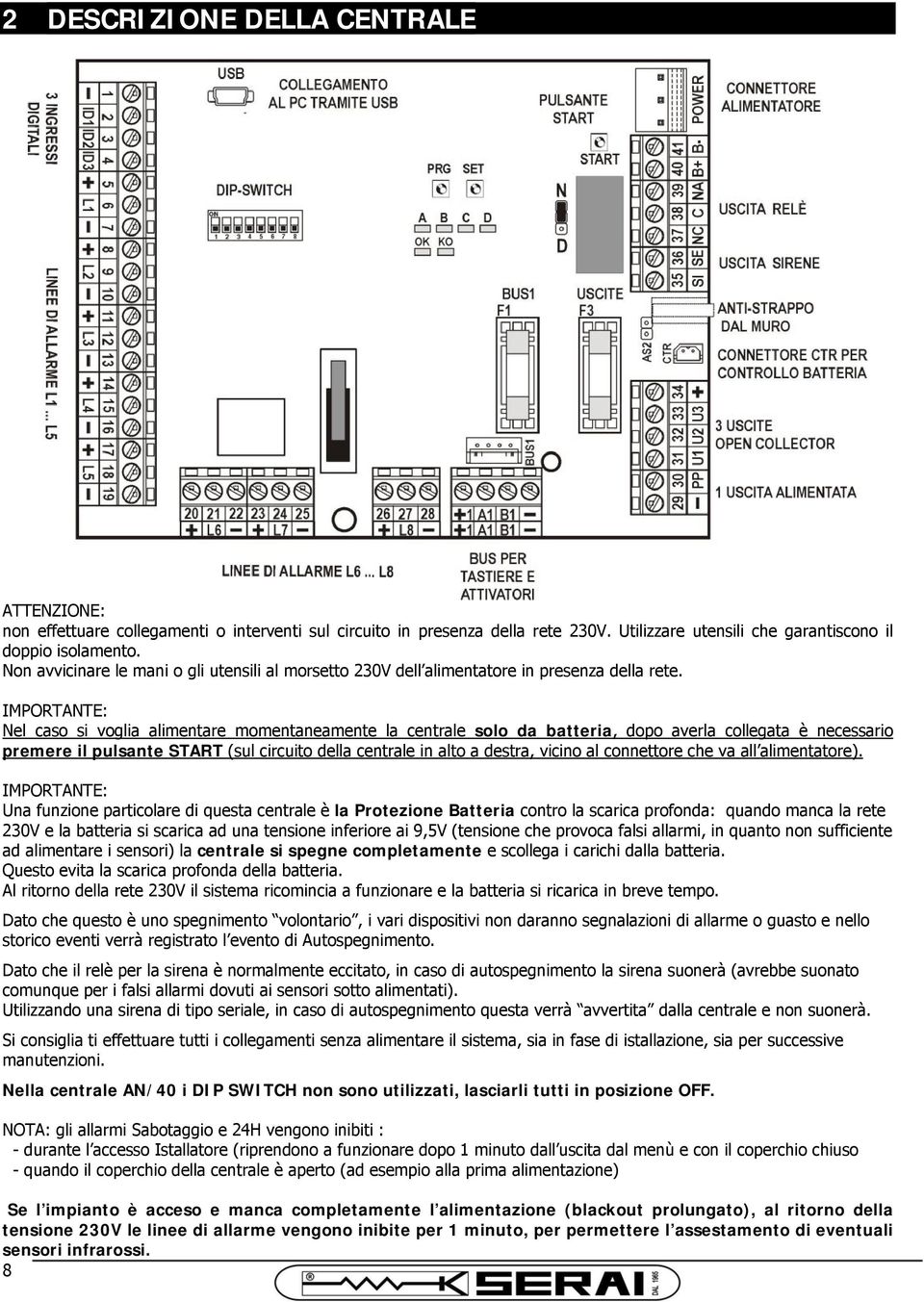 IMPORTANTE: Nel caso si voglia alimentare momentaneamente la centrale solo da batteria, dopo averla collegata è necessario premere il pulsante START (sul circuito della centrale in alto a destra,