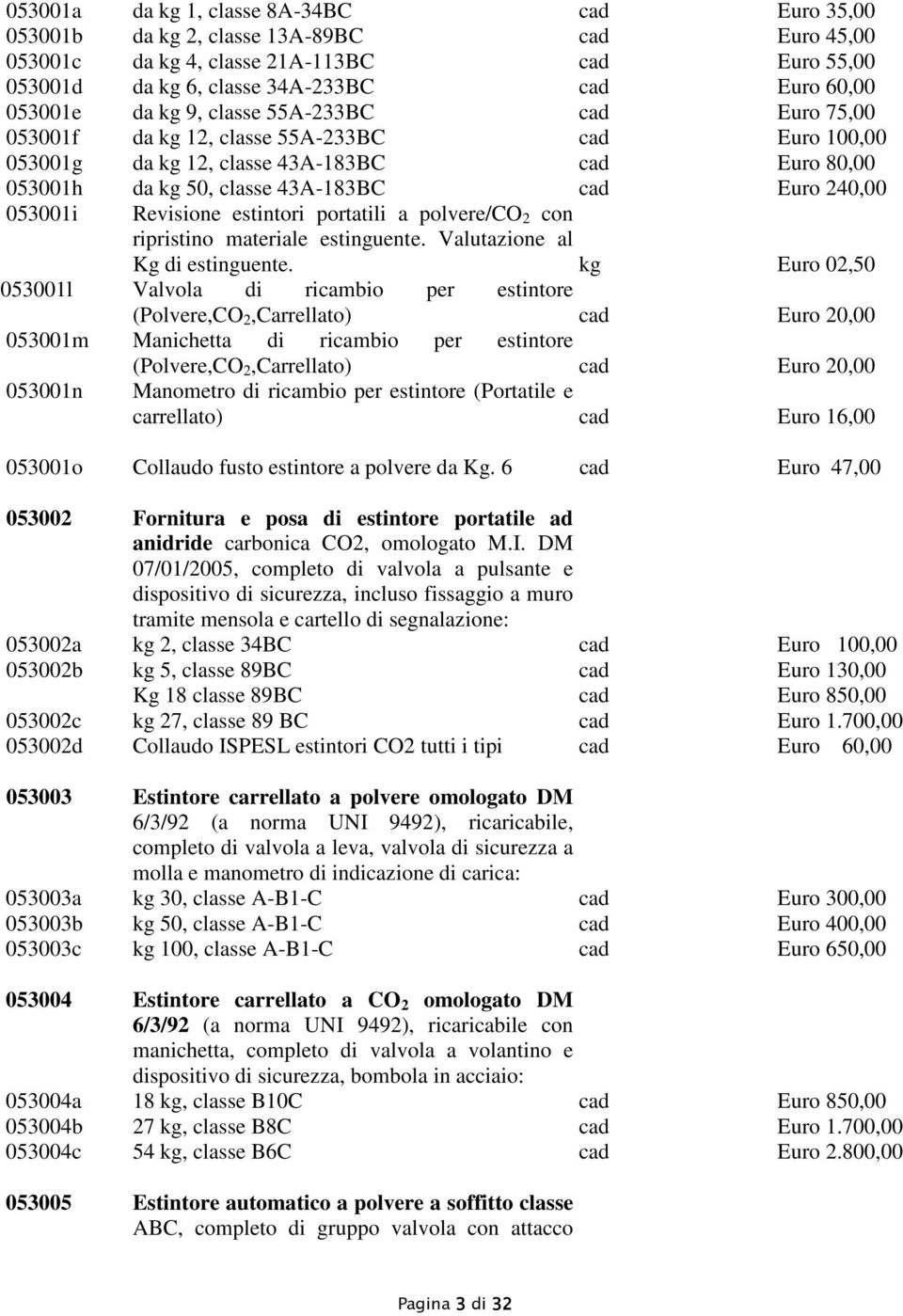 240,00 053001i Revisione estintori portatili a polvere/co 2 con ripristino materiale estinguente. Valutazione al Kg di estinguente.