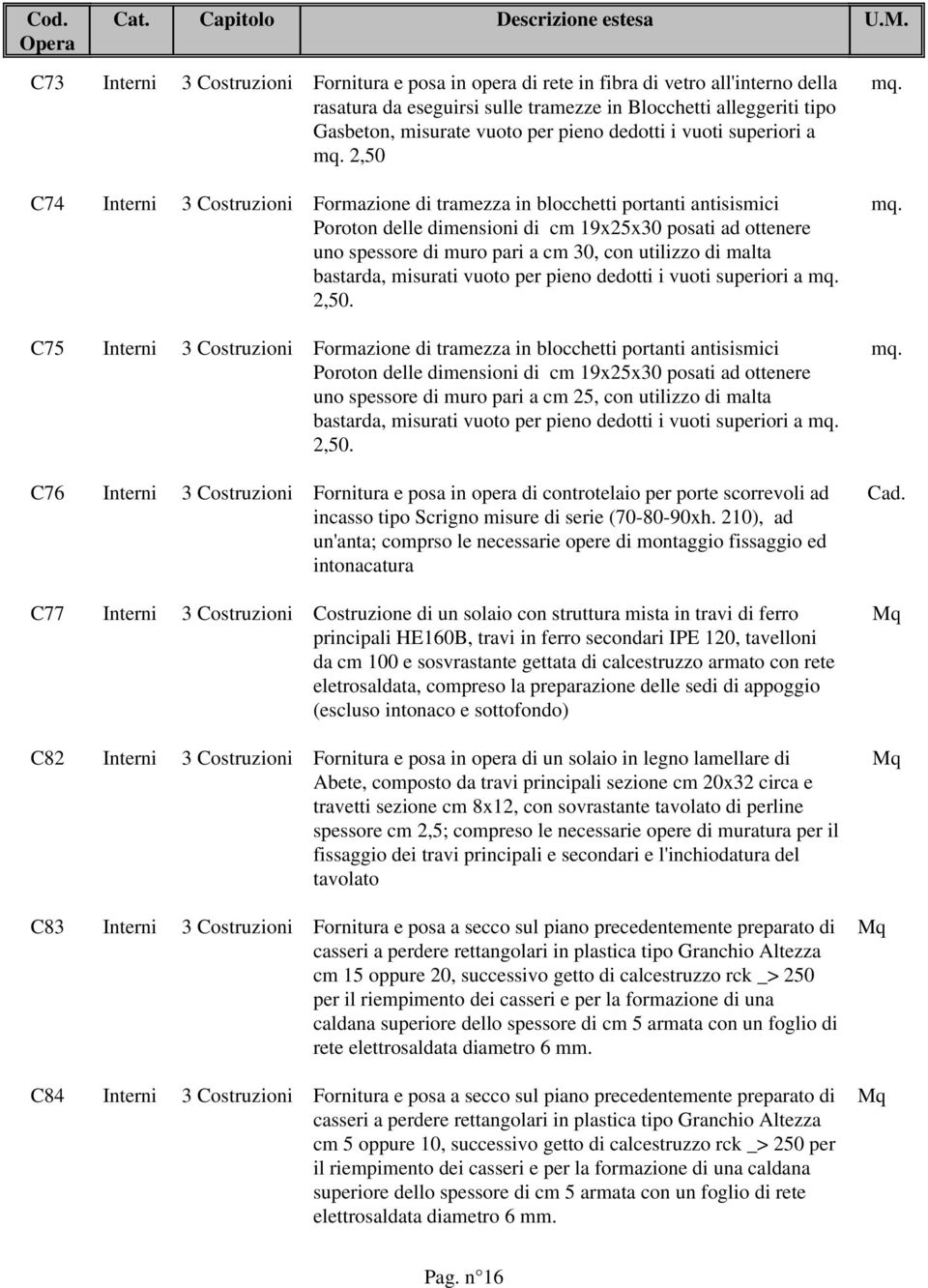 C74 Formazione di tramezza in blocchetti portanti antisismici Poroton delle dimensioni di cm 19x5x30 posati ad ottenere uno spessore di muro pari a cm 30, con utilizzo di malta bastarda, misurati