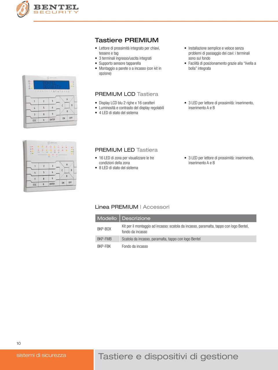 2 righe x 16 caratteri Luminosità e contrasto del display regolabili 4 LED di stato del sistema 3 LED per lettore di prossimità: inserimento, inserimento A e B PREMIUM LED Tastiera 16 LED di zona per