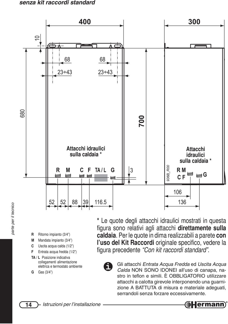 G Gas (3/4 ) 136 * Le quote degli attacchi idraulici mostrati in questa figura sono relativi agli attacchi direttamente sulla caldaia.