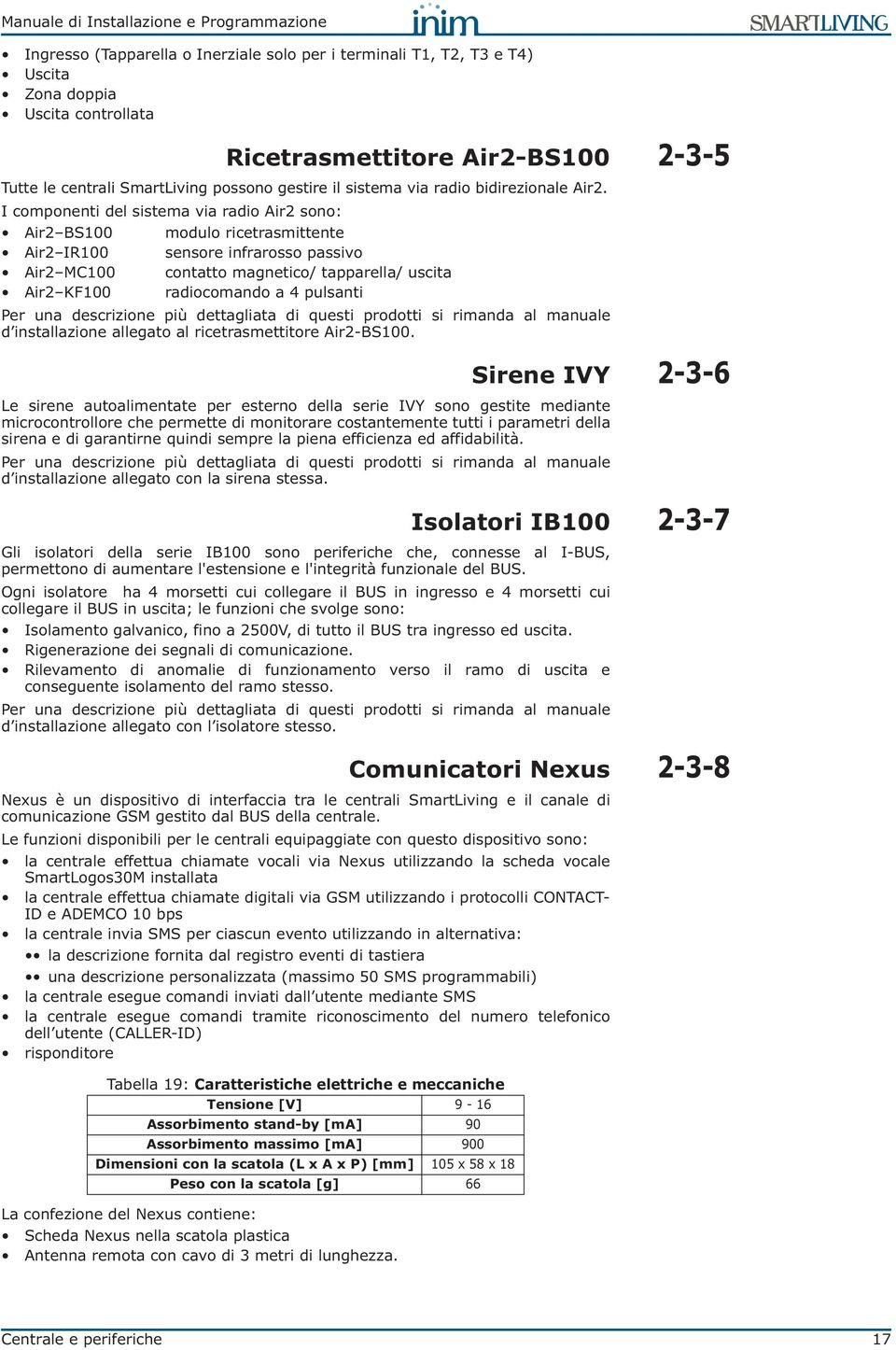 I componenti del sistema via radio Air2 sono: Air2 BS100 modulo ricetrasmittente Air2 IR100 sensore infrarosso passivo Air2 MC100 contatto magnetico/ tapparella/ uscita Air2 KF100 radiocomando a 4