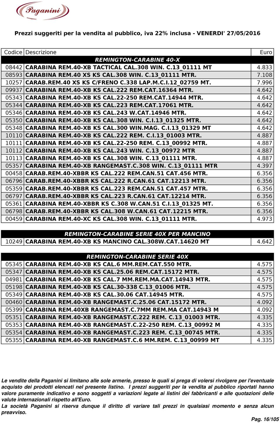 40-XB KS CAL.243 W.CAT.14946 MTR. 4.642 05350 CARABINA REM.40-XB KS CAL.308 WIN. C.I.13_01325 MTR. 4.642 05348 CARABINA REM.40-XB KS CAL.300 WIN.MAG. C.I.13_01329 MT 4.642 10110 CARABINA REM.