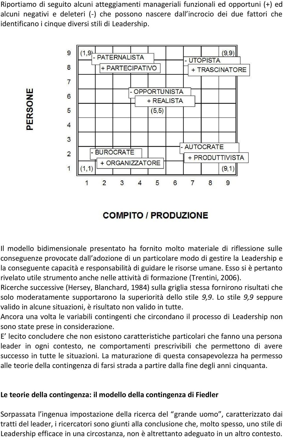 Il modello bidimensionale presentato ha fornito molto materiale di riflessione sulle conseguenze provocate dall adozione di un particolare modo di gestire la Leadership e la conseguente capacità e