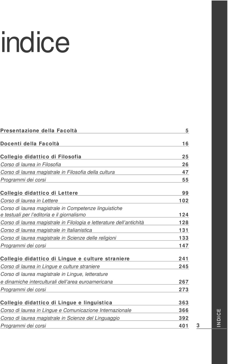 magistrale in Filologia e letterature dell antichità 128 Corso di laurea magistrale in Italianistica 131 Corso di laurea magistrale in Scienze delle religioni 133 Programmi dei corsi 147 Collegio