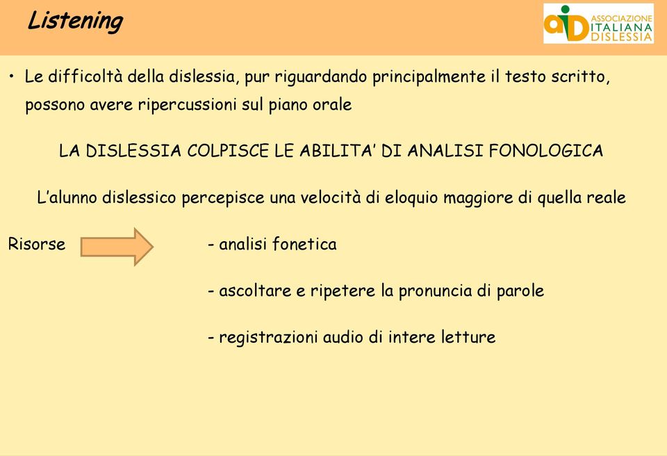 FONOLOGICA L alunno dislessico percepisce una velocità di eloquio maggiore di quella reale