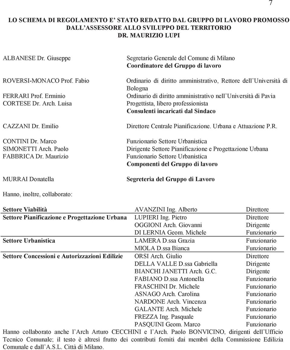 Maurizio MURRAI Donatella Segretario Generale del Comune di Milano Coordinatore del Gruppo di lavoro Ordinario di diritto amministrativo, Rettore dell Università di Bologna Ordinario di diritto