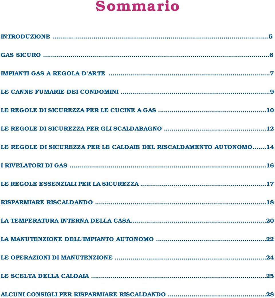 ..12 LE REGOLE DI SICUREZZA PER LE CALDAIE DEL RISCALDAMENTO AUTONOMO...14 I RIVELATORI DI GAS...16 LE REGOLE ESSENZIALI PER LA SICUREZZA.