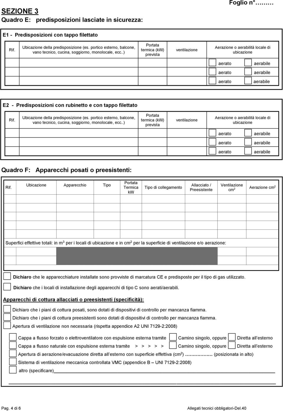 .) Portata termica (kw) prevista ventilazione Aerazione o aerabilità locale di ubicazione E2 - Predisposizioni con rubinetto e con tappo filettato Rif. Ubicazione della predisposizione (es.