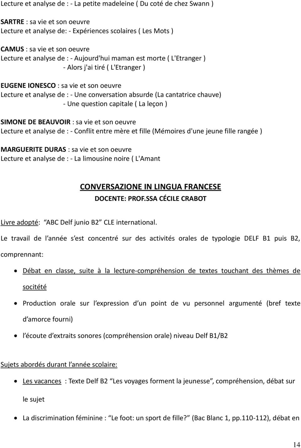 chauve) - Une question capitale ( La leçon ) SIMONE DE BEAUVOIR : sa vie et son oeuvre Lecture et analyse de : - Conflit entre mère et fille (Mémoires d'une jeune fille rangée ) MARGUERITE DURAS : sa