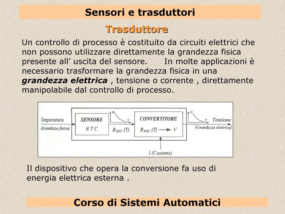 In molte applicazioni è necessario trasformare la grandezza fisica in una grandezza elettrica,